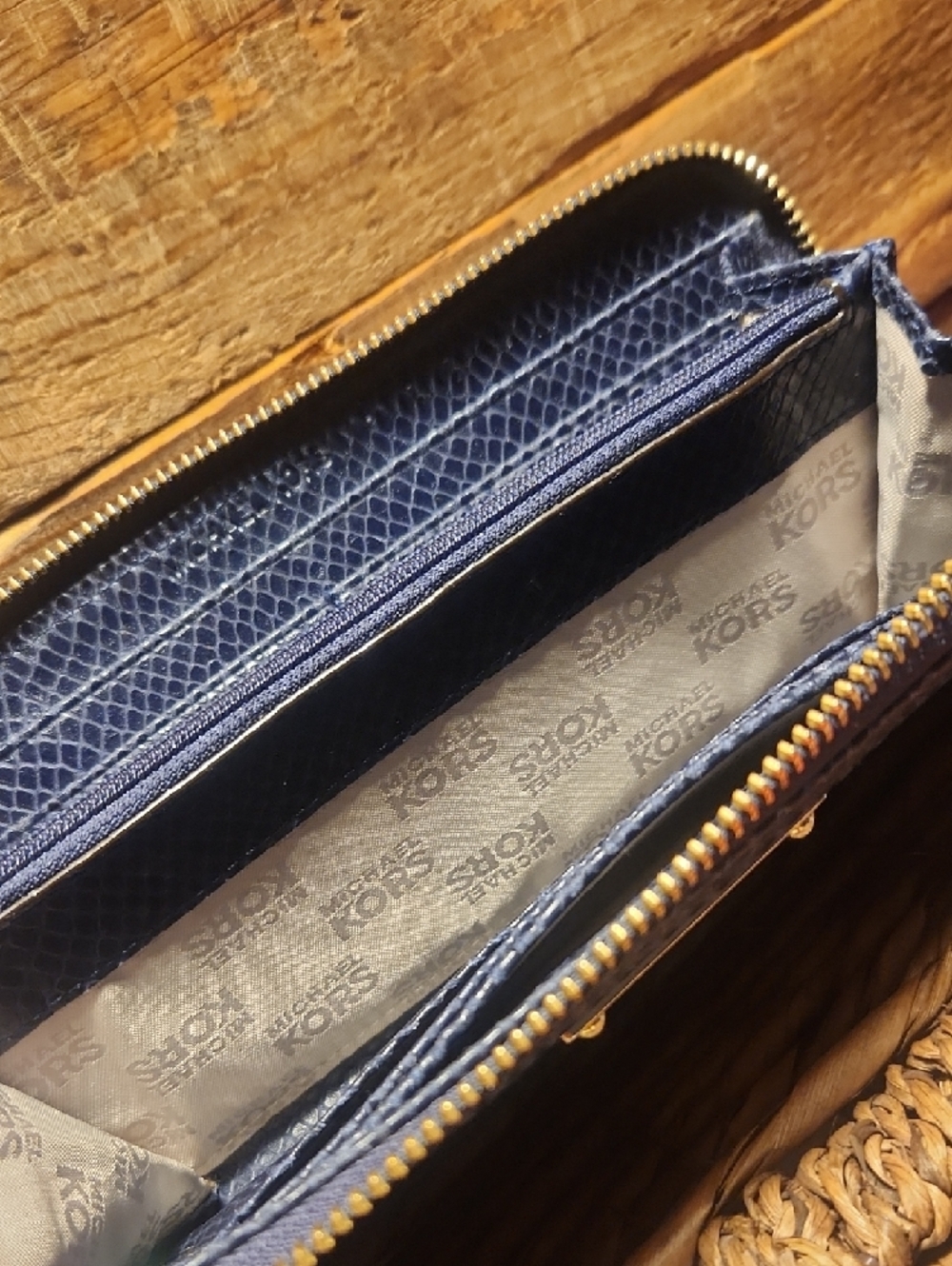 Michael Kors Navy Blue Snake-Embossed Zip Wallet with Gold Plaque - Picture 7 of 13